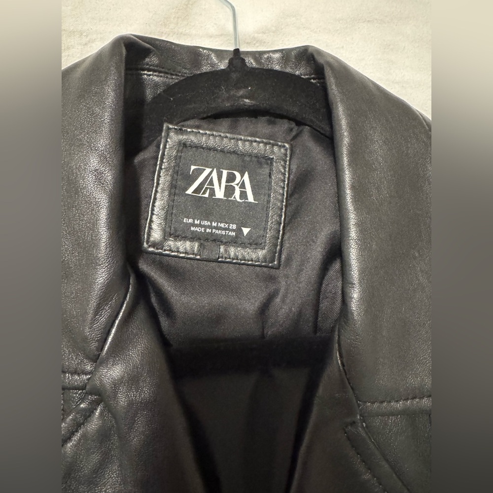Zara Black Moto Biker Jacket buttery soft faux leather semi cropped M 6 8 10 - Picture 3 of 6